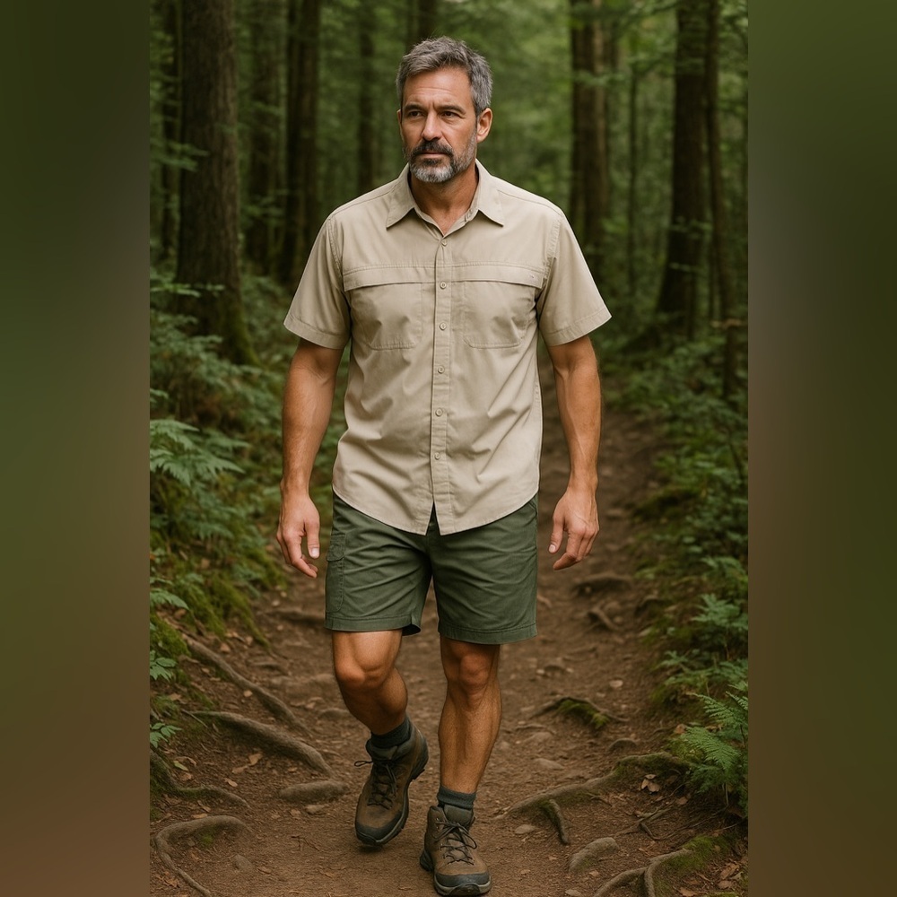 Gramicci Mens Hiking Shirt XXL Tan Vented Fishing Short Sleeve Lightweight Top